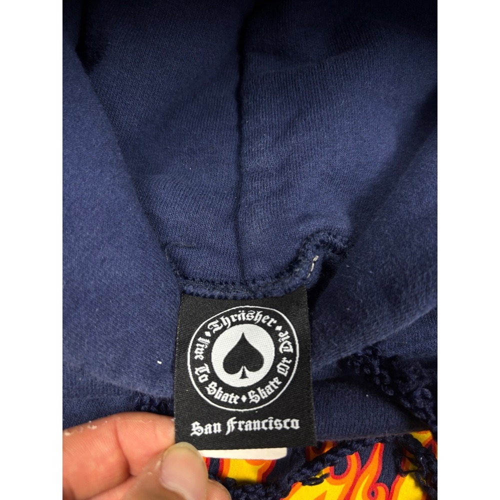 Thrasher Magazine Flame Logo Hoodie Mens Medium Navy Blue Skate Sweatshirt - Picture 4 of 8